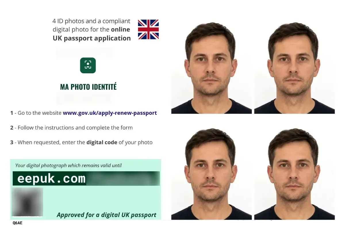 Livrable pour un passeport britannique : 4 photos d'identité et le code photo numérique à saisir sur gov.uk