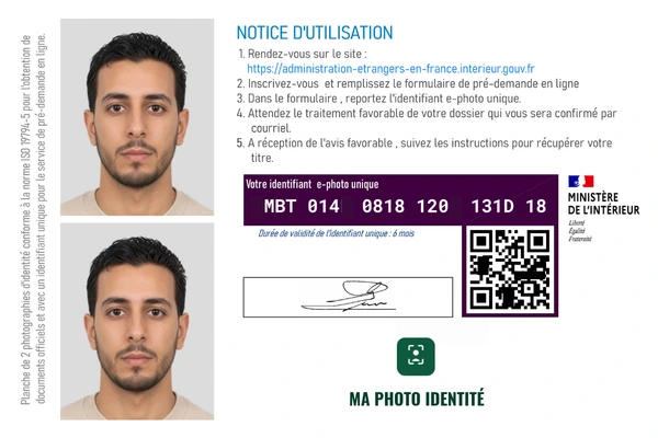 Code photo numérique pour une démarche de titre de séjour en ligne sur l'ANEF, avec photo conforme et signature