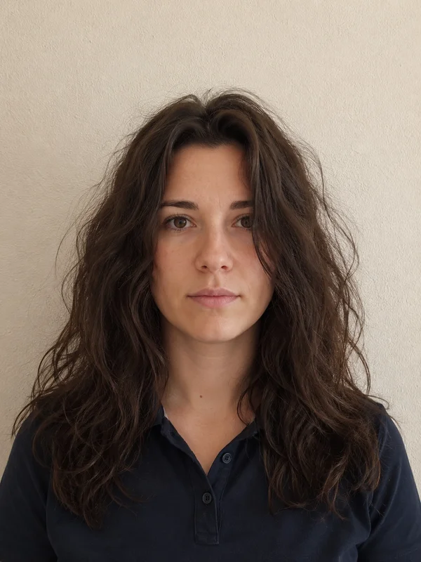 Exemple de photo d'identité refusée : cheveux masquant les oreilles et trop volumineux autour de la tête