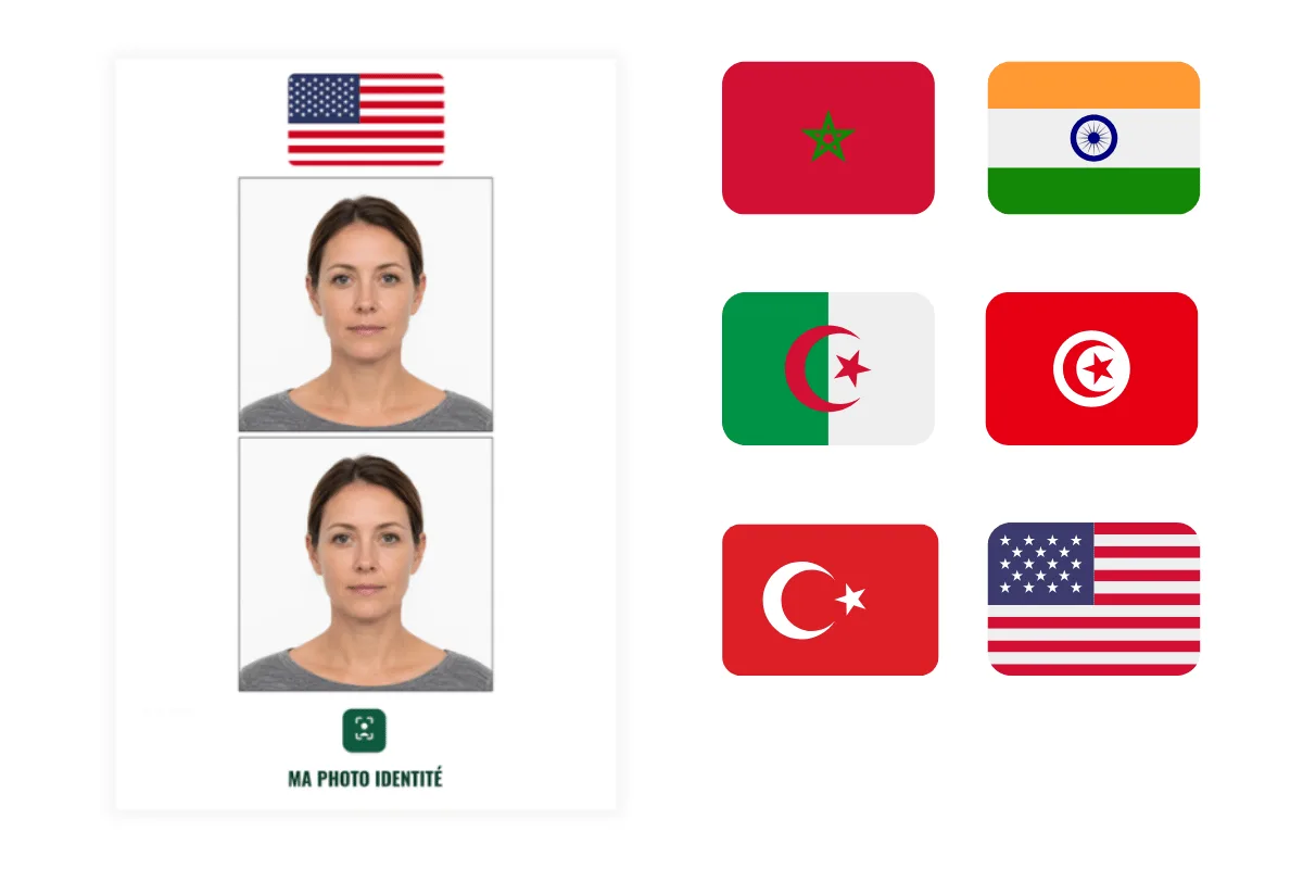 Photos de visa au format carré 51 × 51 mm pour les États-Unis, avec les drapeaux Maroc, Inde, Algérie, Tunisie, Turquie et États-Unis