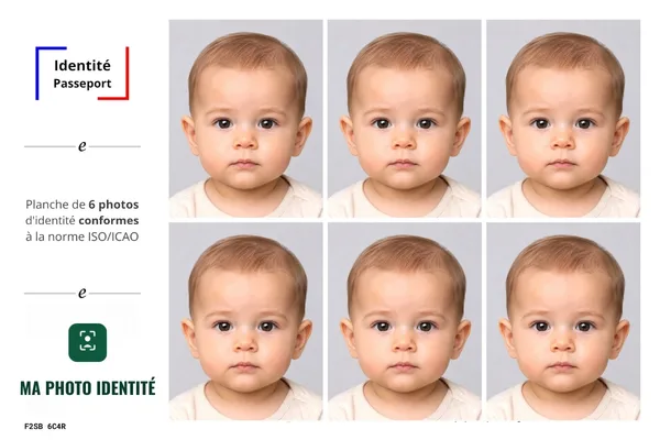 Planche de 6 photos d'identité conformes d'un bébé, réalisée à partir d'une photo prise à la maison