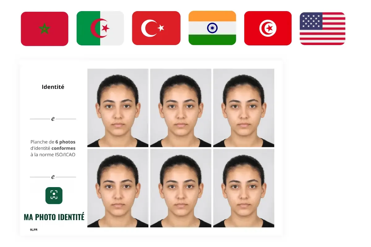 Planche de 6 photos d'identité conformes pour une carte d'identité étrangère, avec les drapeaux Maroc, Algérie, Turquie, Inde, Tunisie et États-Unis
