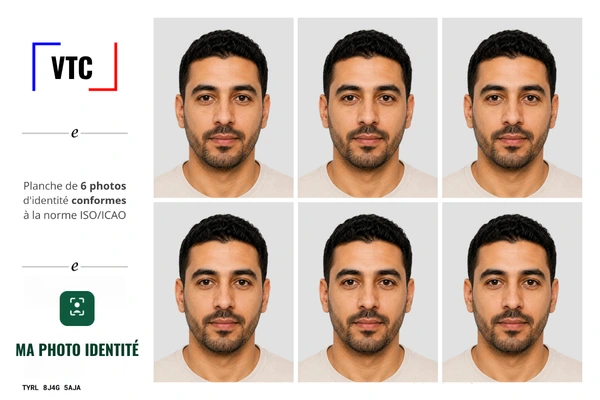 Planche de photos d'identité conformes pour la carte professionnelle VTC, avec signature numérisée incluse