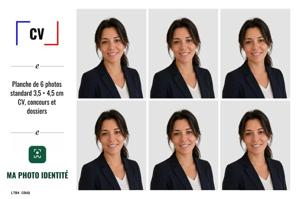 Planche de 6 photos de CV professionnelles, sourire léger et tenue de ville