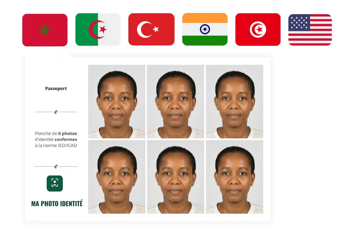 Planche de 6 photos d'identité conformes pour un passeport étranger, avec les drapeaux Maroc, Algérie, Turquie, Inde, Tunisie et États-Unis