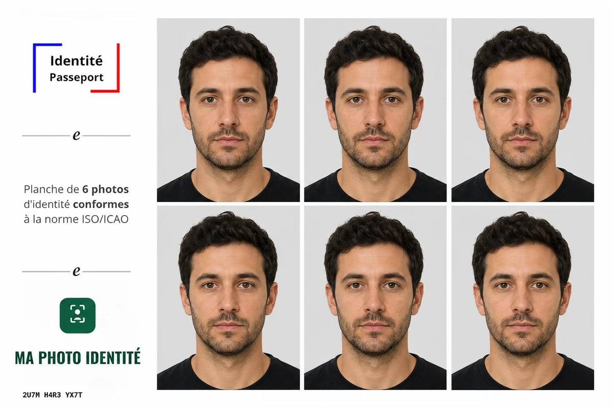 Planche de 6 photos d'identité pour passeport, conformes à la norme ISO/ICAO, prête à imprimer en 10 × 15 cm